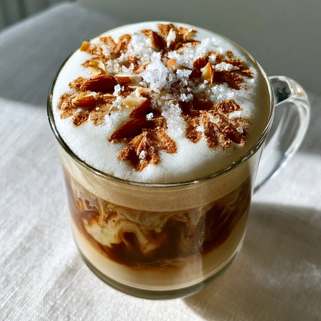 Close-up of the cinnamon snowflake dusting, toasted almond slices, and sparkling sugar crystals on top of the Vanilla Almond Snowflake Latte.