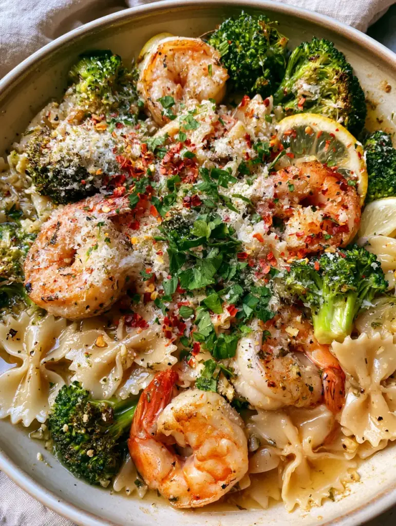 Farfalle Pasta with Shrimp and Broccoli in a Glossy Lemon Garlic Butter Sauce 1 Top-down view of bowtie pasta with seared shrimp, broccoli florets, and a dusting of powdery parmesan cheese.