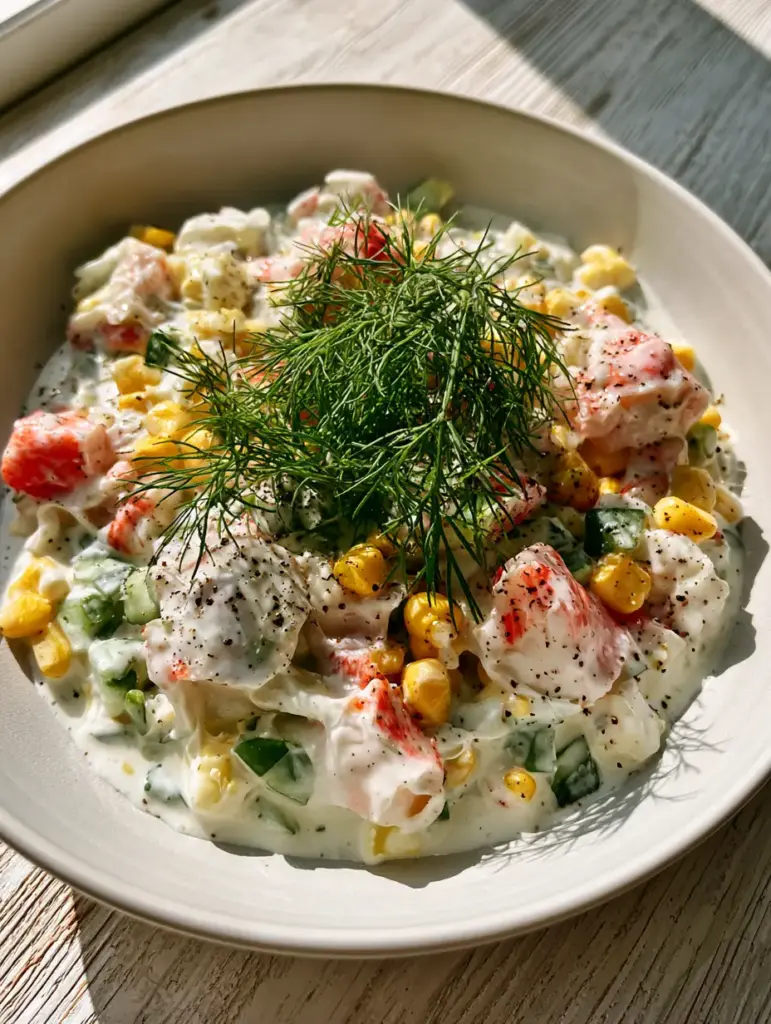 Russian Crab Salad: The Ultimate Gourmet Creamy Seafood Recipe 1 Close-up of finely diced cucumbers and golden corn mixed with hand-torn imitation crab in a matte white bowl. (Russian crab salad)