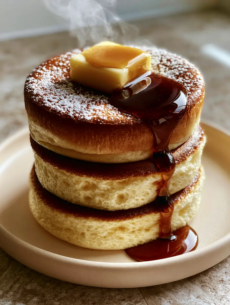A high-quality smartphone photo of three thick and airy Japanese souffle pancakes on a handmade matte cream ceramic plate. (souffle pancakes)