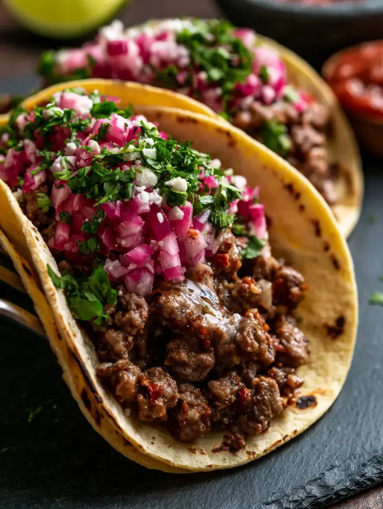 Beef Tacos with Charred Corn Tortillas and Glistening Seared Beef 2 Smartphone-style close-up of beef tacos with red onion and cilantro topping on a dark slate background. (beef tacos)
