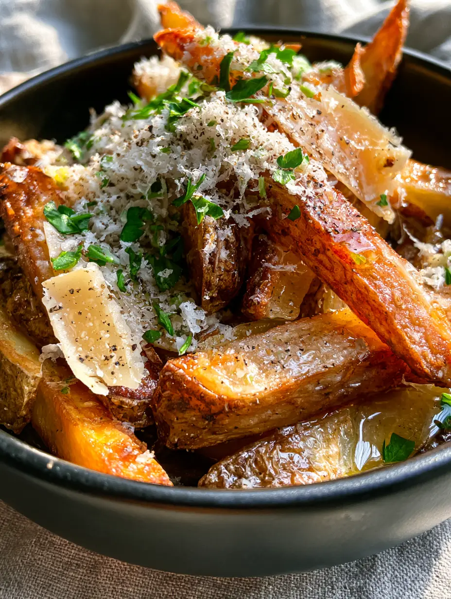 Air Fryer Garlic Parmesan Fries: The Ultimate Crispy Blistered Recipe 4 Close up of hand-cut air fryer garlic parmesan fries with visible steam and jagged crispy edges.