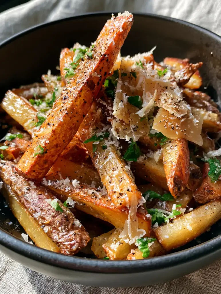Air Fryer Garlic Parmesan Fries: The Ultimate Crispy Blistered Recipe 1 Hand-cut air fryer garlic parmesan fries topped with a snowfall of grated cheese and large parmesan shards.