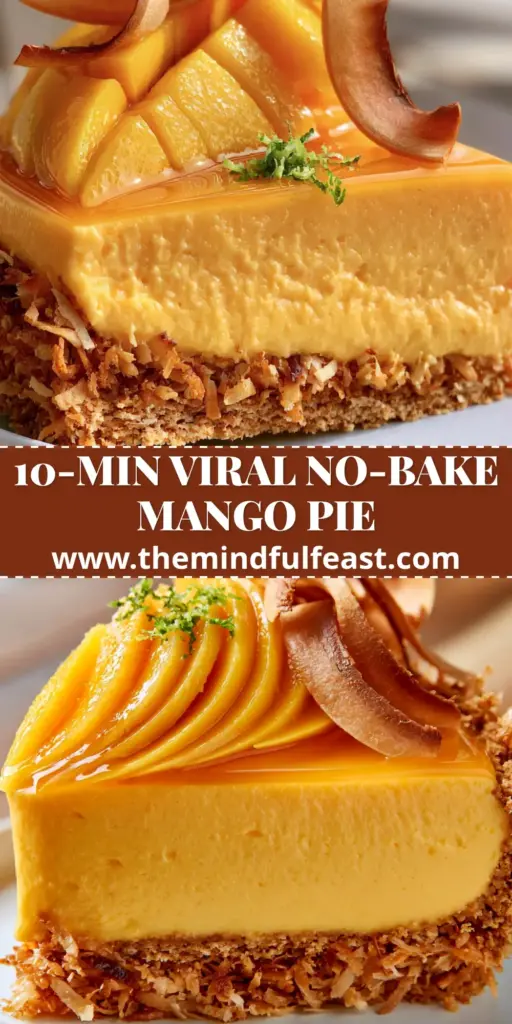A towering slice of Mango Coconut Pie with a 3-inch thick sunset-orange mousse and fresh mango fan garnish on a white plate.