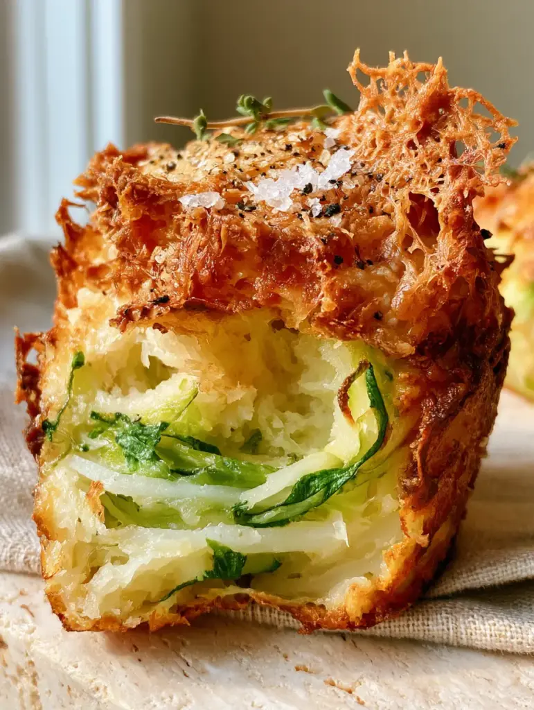 Parmesan Zucchini Potato Muffins with a Crispy Lace Crust 1 Close-up of the toasted golden-brown Parmesan cheese crust on a savory muffin with sea salt and cracked pepper.
