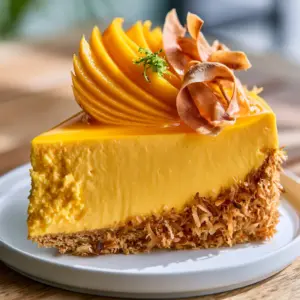 Side view of Mango Coconut Pie showing the compressed coconut graham crust and vibrant matte mousse texture.