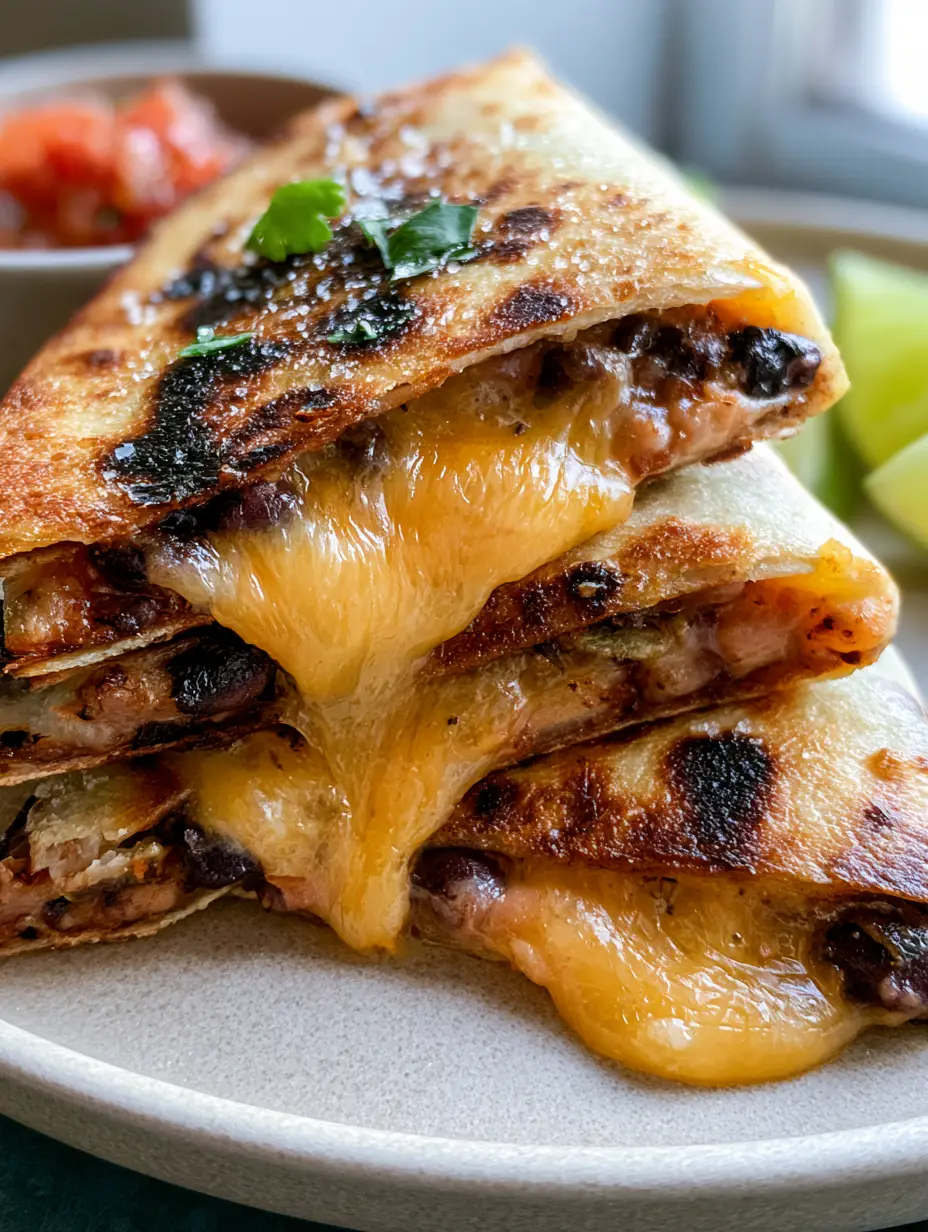 Bean and Cheese Quesadillas: The Ultimate Crispy Double-Bean Recipe 3 Close-up of melted cheese pulling between layers of bean and cheese quesadillas.