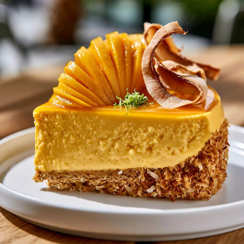 Close up of the mango nectar glaze and fresh mango slice fan on a Mango Coconut Pie.