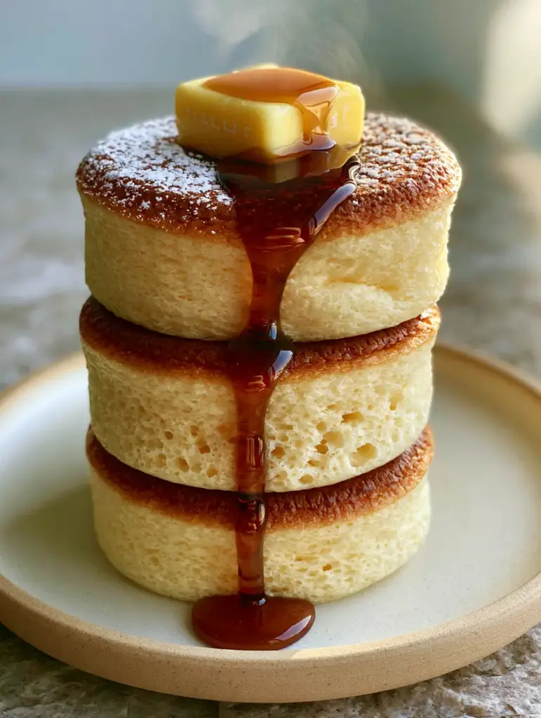 Detailed shot of dark amber maple syrup glistening as it cascades down a stack of three 3-inch tall souffle pancakes.