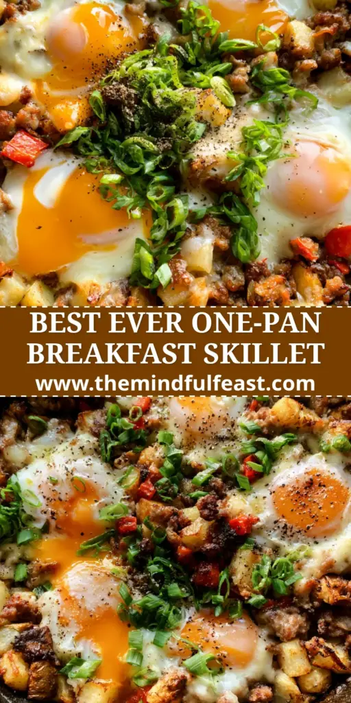 Breakfast Skillet Recipe with Crispy Yukon Golds and Seared Sausage 3 Overhead view of a breakfast skillet recipe in a cast iron pan with crispy potatoes, sausage, and 5 runny eggs.
