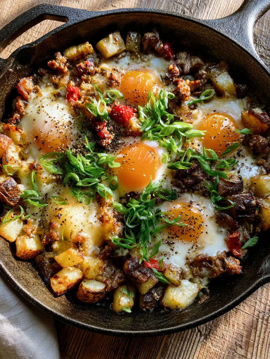 Breakfast Skillet Recipe with Crispy Yukon Golds and Seared Sausage 4 Close up of a breakfast skillet recipe with crispy diced potatoes, seared sausage, and bright orange egg yolks.