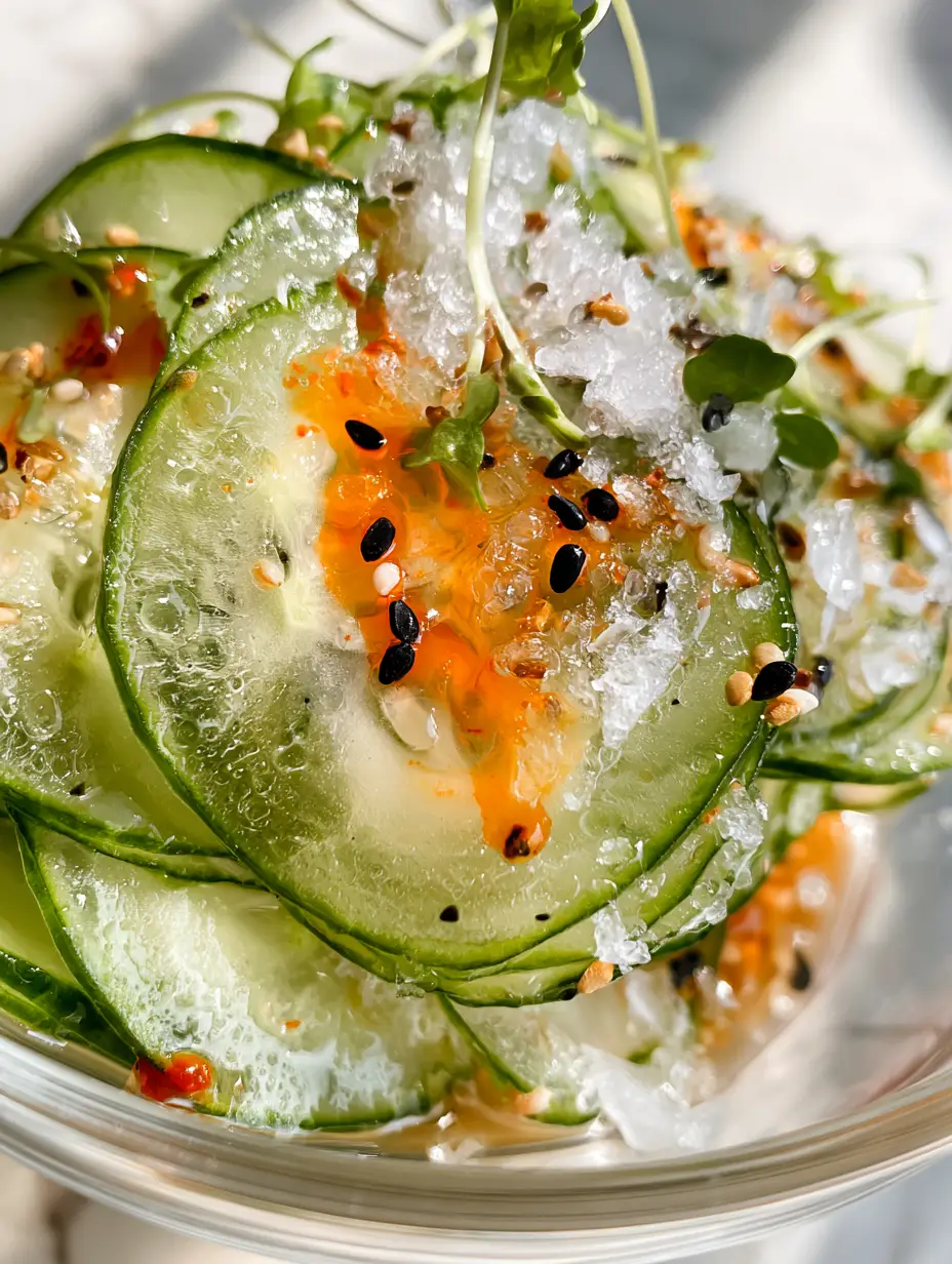 Cucumber Slices with Chili Oil and Flaky Sea Salt: The Ultimate Spa-Core Snack 4 Macro photo of translucent cucumber slices with orange chili oil drizzle and pyramid sea salt.