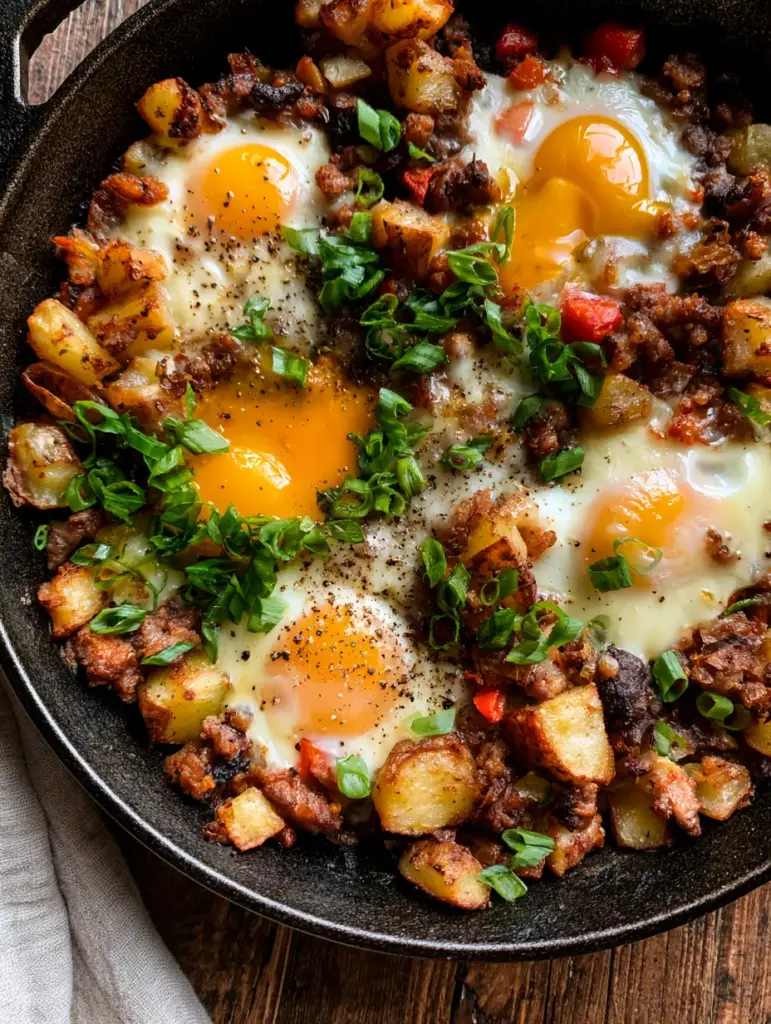 Breakfast Skillet Recipe with Crispy Yukon Golds and Seared Sausage 1 A seasoned cast iron skillet on a rustic table filled with the completed breakfast skillet recipe.