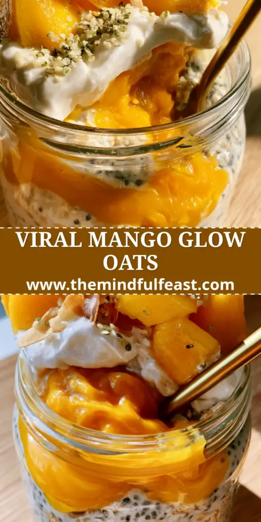 A handheld smartphone photo of Mango Overnight Oats in a glass jar with a gold spoon, topped with mango chunks and hemp hearts.