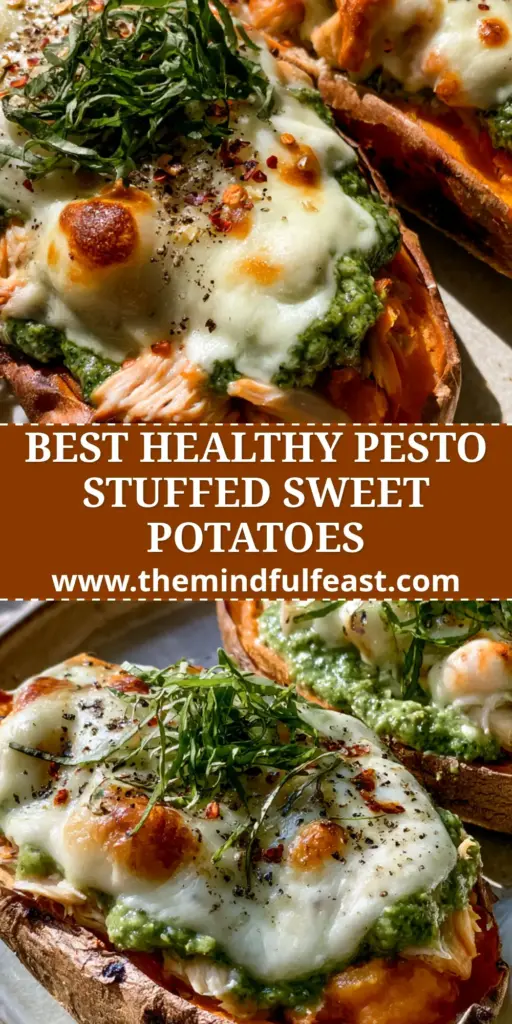 Chicken Pesto Stuffed Sweet Potatoes with Bubbly Mozzarella 4 A vertical photo showing two Chicken Pesto Stuffed Sweet Potatoes topped with toasted mozzarella, basil ribbons, and a dollop of Greek yogurt on a rustic plate.