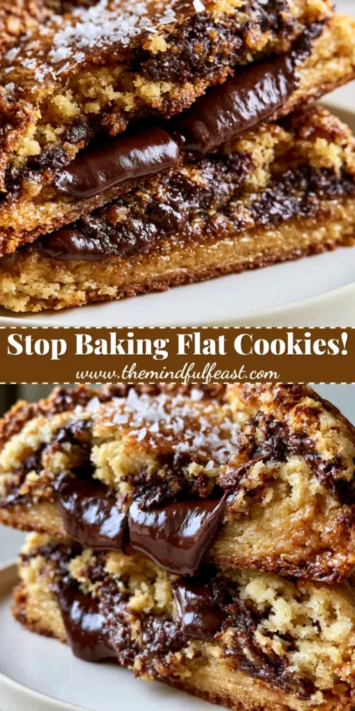 A giant, thick bakery style chocolate chip cookie split in half showing a gooey fudgy center and melted dark chocolate pools.