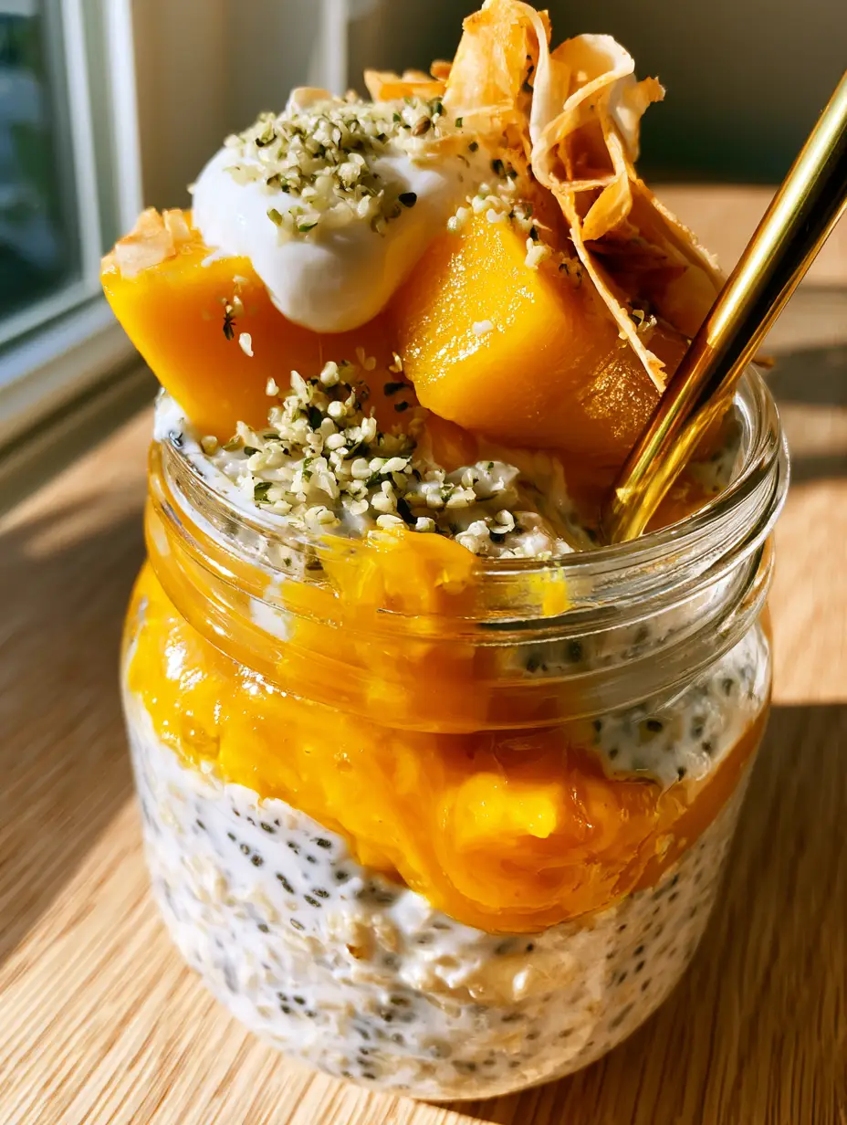 Side view of creamy Mango Overnight Oats showing the textured layers of chia seeds, coconut milk, and bright orange mango puree.