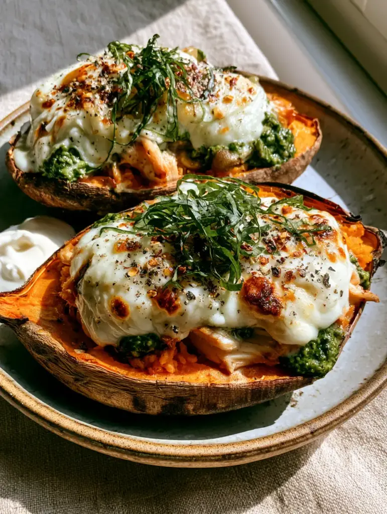 Chicken Pesto Stuffed Sweet Potatoes with Bubbly Mozzarella 2 Close-up of shredded chicken in emerald green pesto stuffed inside a roasted sweet potato with melted white cheese. (Chicken Pesto Stuffed Sweet Potatoes)