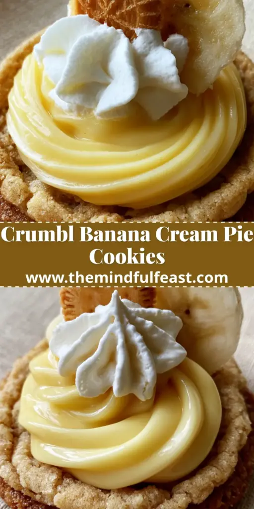 Banana Cream Pie Cookies: The Ultimate Soft-Baked Graham Cracker Recipe 4 A stack of thick banana cream pie cookies topped with yellow custard, whipped cream stars, and fresh banana slices.