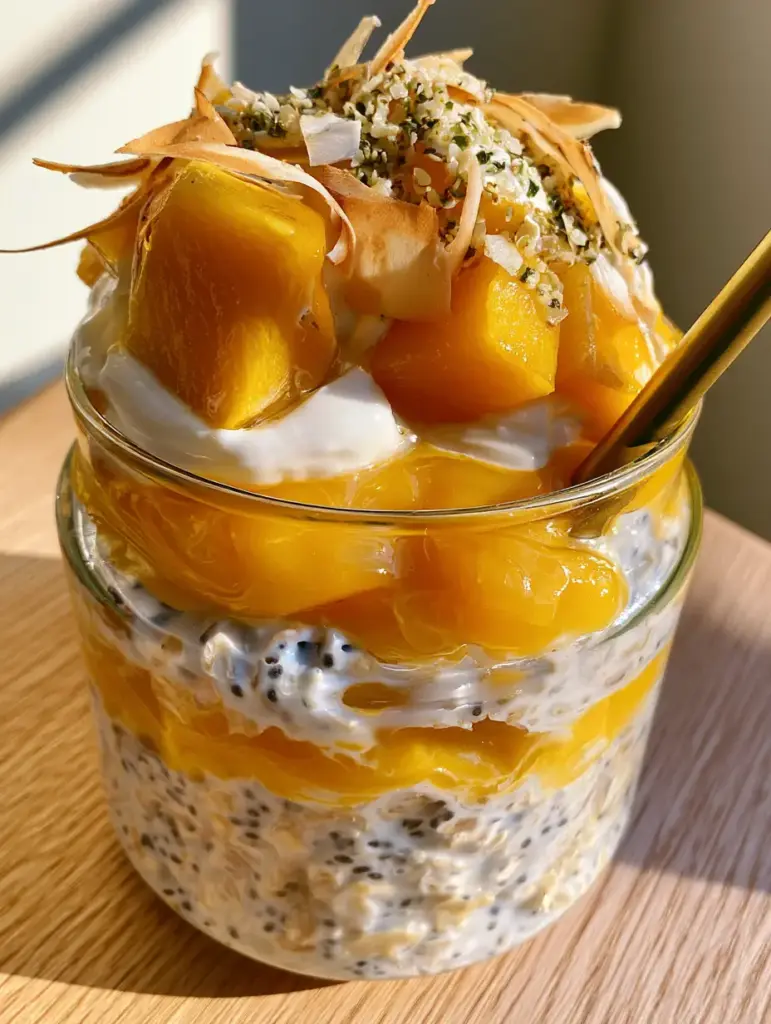 Close up of a glass jar filled with Mango Overnight Oats, featuring large juicy mango chunks and toasted coconut ribbons on top.