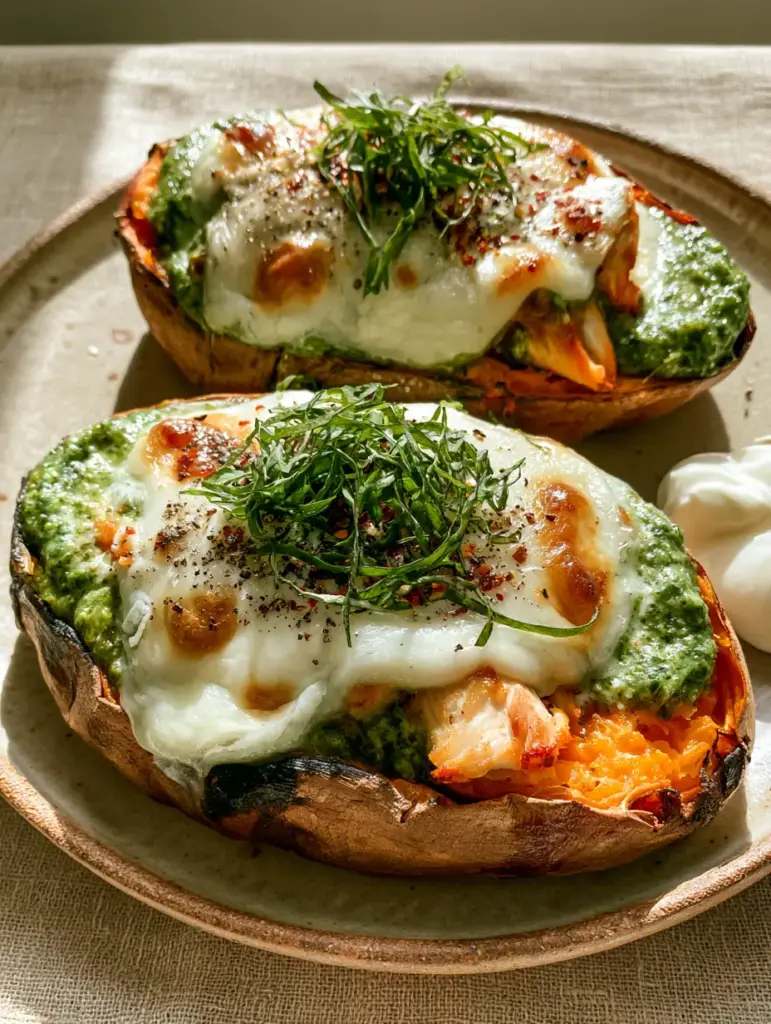 Chicken Pesto Stuffed Sweet Potatoes with Bubbly Mozzarella 1 Two halves of Chicken Pesto Stuffed Sweet Potatoes on a rustic ceramic plate with natural side lighting and a beige linen background.