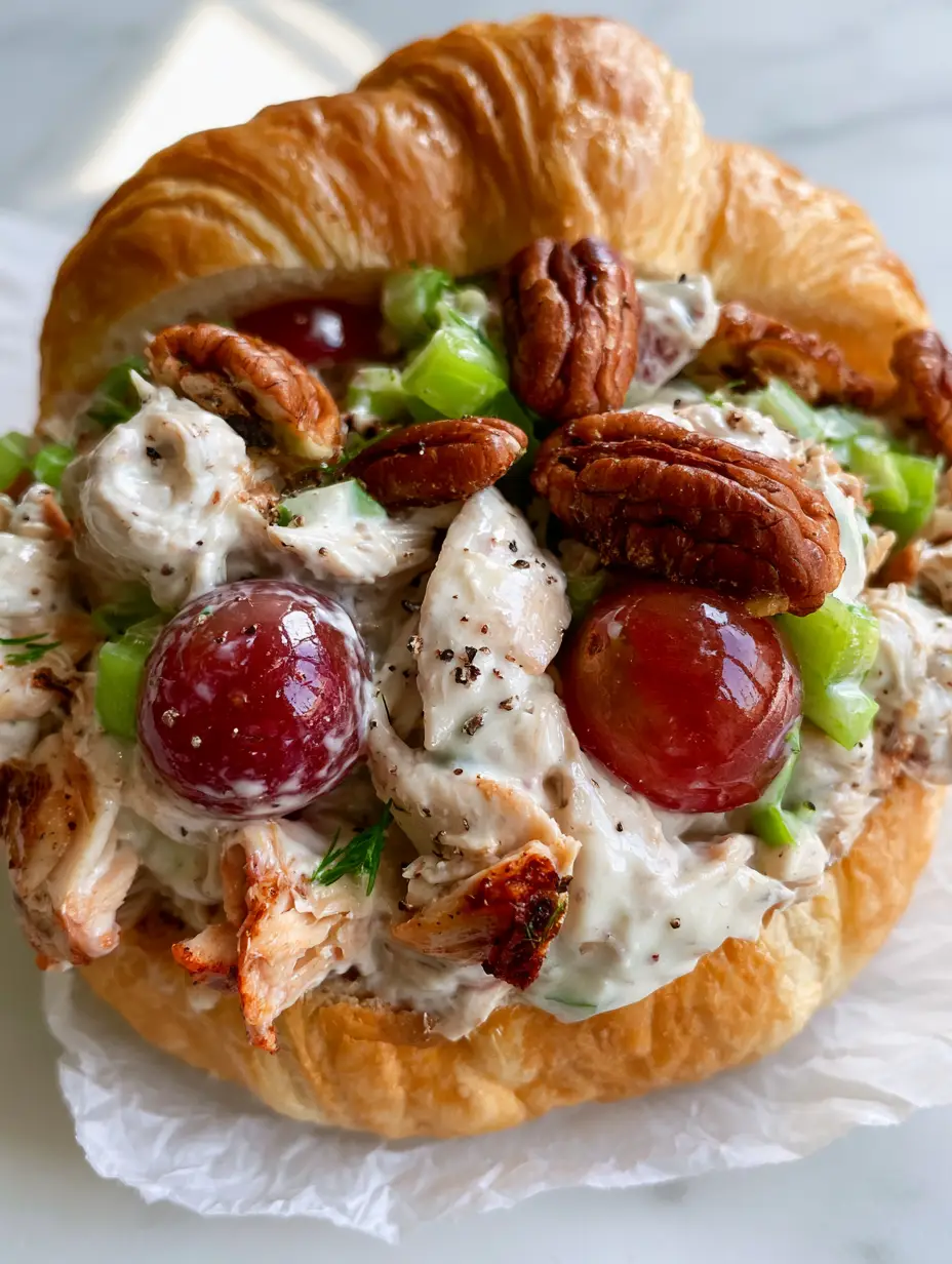 Close-up of velvety dressing coating hand-shredded chicken and halved crimson grapes with black pepper specks. (chicken salad with grapes)