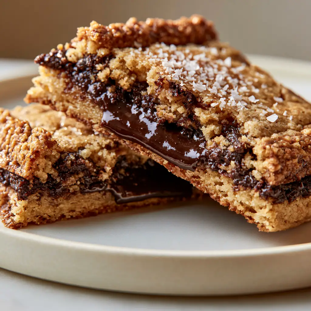 A handheld photo of a split Bakery style chocolate chip cookie with dark chocolate stretching between the halves.
