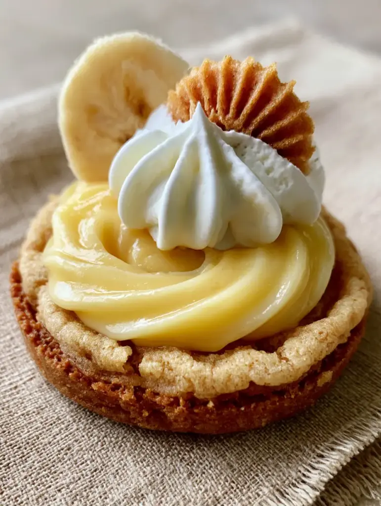 Banana Cream Pie Cookies: The Ultimate Soft-Baked Graham Cracker Recipe 1 A side view of banana cream pie cookies on a linen cloth featuring a mini vanilla wafer and a star-piped whipped cream topping.