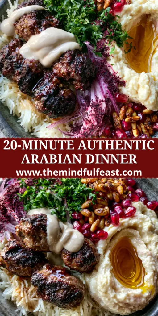 Arabian recipes: The Ultimate Gourmet Lamb Kofta and Hummus Bowl 4 A top-down shot of a gourmet Arabian Kofta Bowl with seared lamb, ivory hummus, and pomegranate seeds. (Arabian recipes)