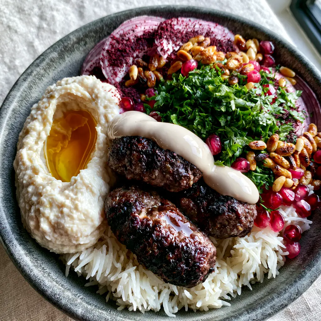 Arabian recipes: The Ultimate Gourmet Lamb Kofta and Hummus Bowl 2 Close-up of succulent lamb kofta with grill marks and steaming basmati rice. (Arabian recipes)