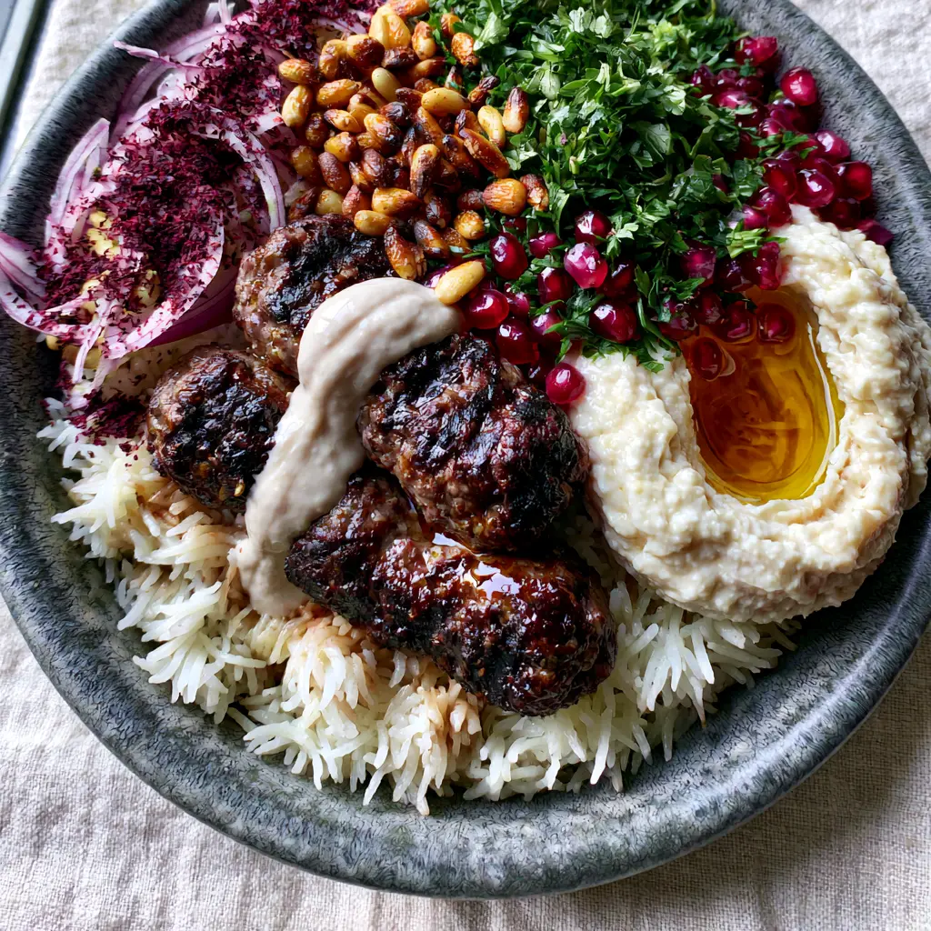 Arabian recipes: The Ultimate Gourmet Lamb Kofta and Hummus Bowl 1 A thick dollop of ivory hummus with a well of olive oil and sumac red onions. (Arabian recipes)