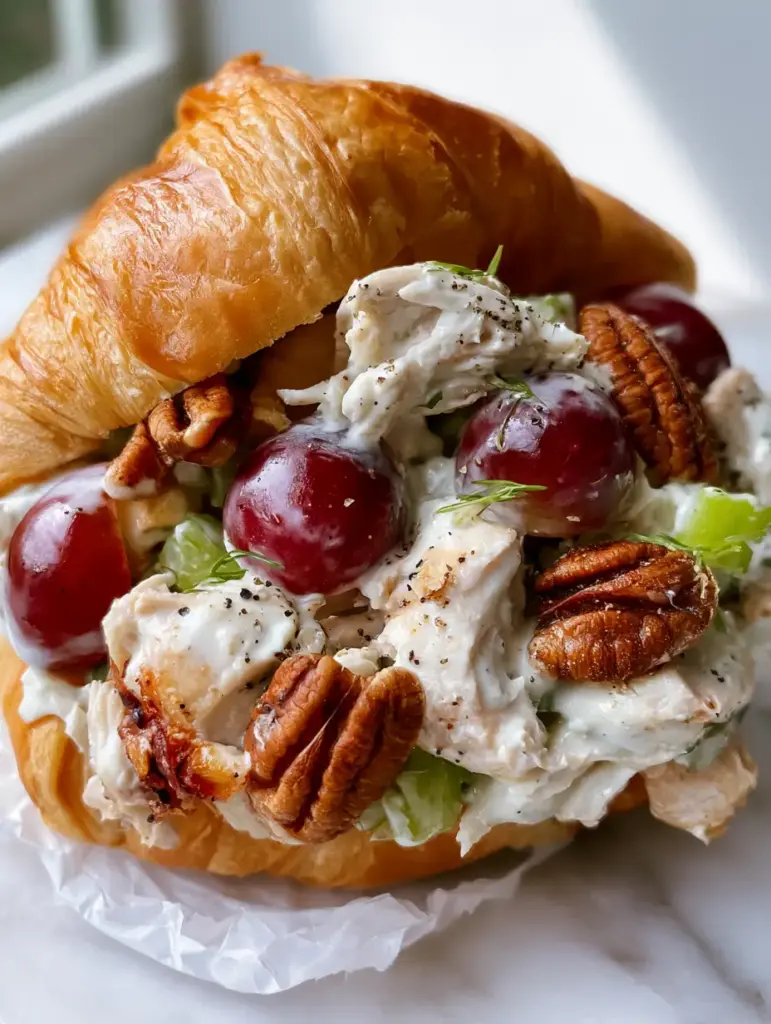 Eye-level view of a flaky croissant overflowing with chicken salad with grapes on white parchment paper.