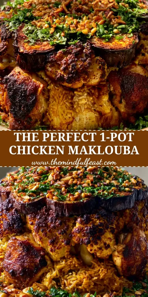 Maklouba Recipe: The Ultimate Towering Chicken and Eggplant Masterpiece 3 A towering Chicken Maklouba inverted on a ceramic platter, topped with a mosaic of fried eggplant and charred cauliflower. (Maklouba recipe)