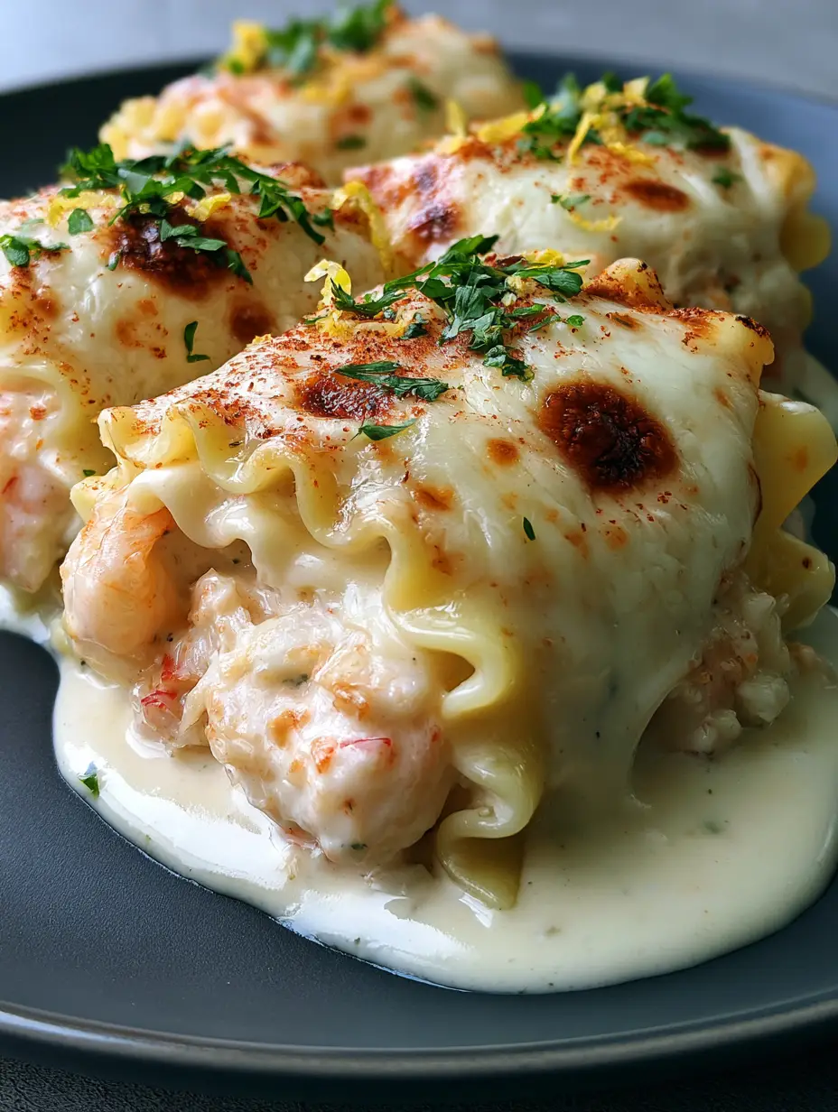 Shrimp and crab alfredo lasagna roll-ups with Garlic Butter Glaze 3 Extreme macro shot of Shrimp and crab alfredo lasagna roll-ups showing velvety sauce and jumbo shrimp.