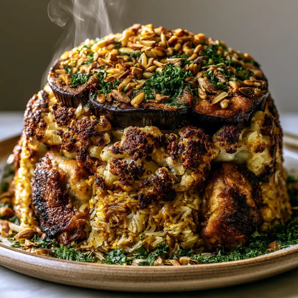 Maklouba Recipe: The Ultimate Towering Chicken and Eggplant Masterpiece 2 Close-up of golden-amber long-grain rice and seared chicken in a Maklouba recipe stack. (Maklouba recipe)