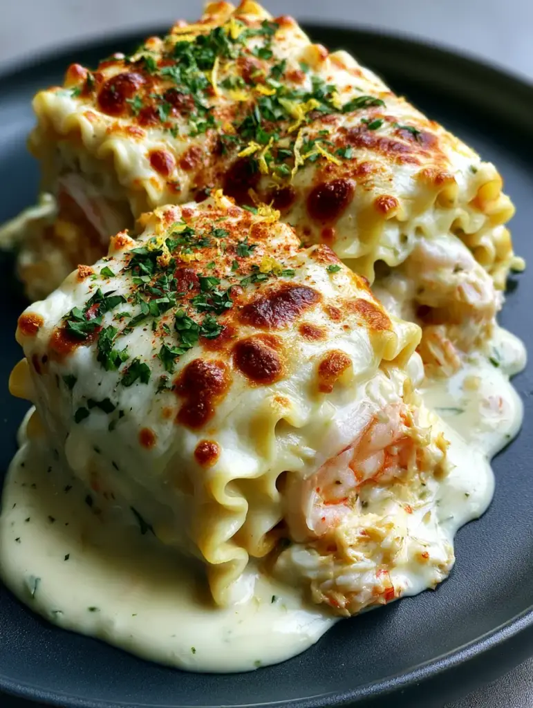 Shrimp and crab alfredo lasagna roll-ups with Garlic Butter Glaze 1 Top view of seafood lasagna roll-ups with golden broiled cheese and smoked paprika dusting.