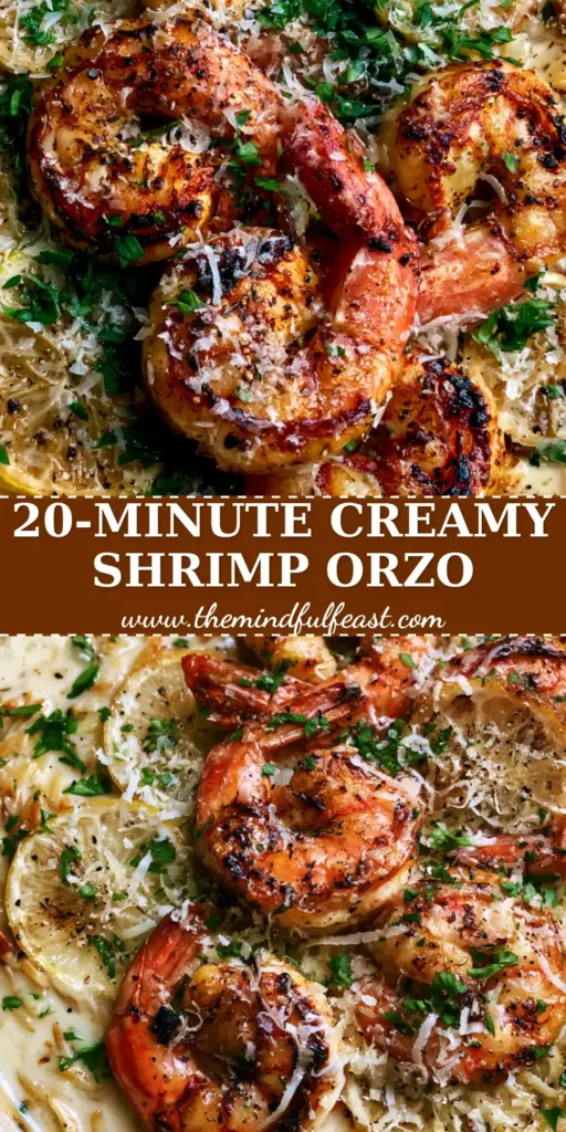 Shrimp Orzo with a Velvety Lemon Garlic Cream Sauce 4 A top-down view of a creamy lemon garlic shrimp orzo in a ceramic skillet, garnished with charred jumbo shrimp, lemon wheels, and micro-planed parmesan. (shrimp orzo)
