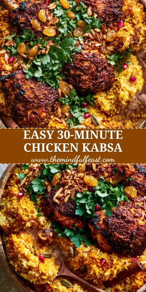 A top-down view of chicken kabsa in a rustic pot with golden rice, charred chicken thighs, and pomegranate seeds. (chicken kabsa)