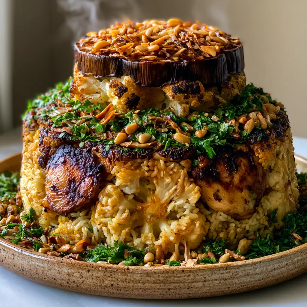 Maklouba Recipe: The Ultimate Towering Chicken and Eggplant Masterpiece 1 Deep golden-brown fried eggplant and pine nut garnish on top of a Maklouba rice cake.