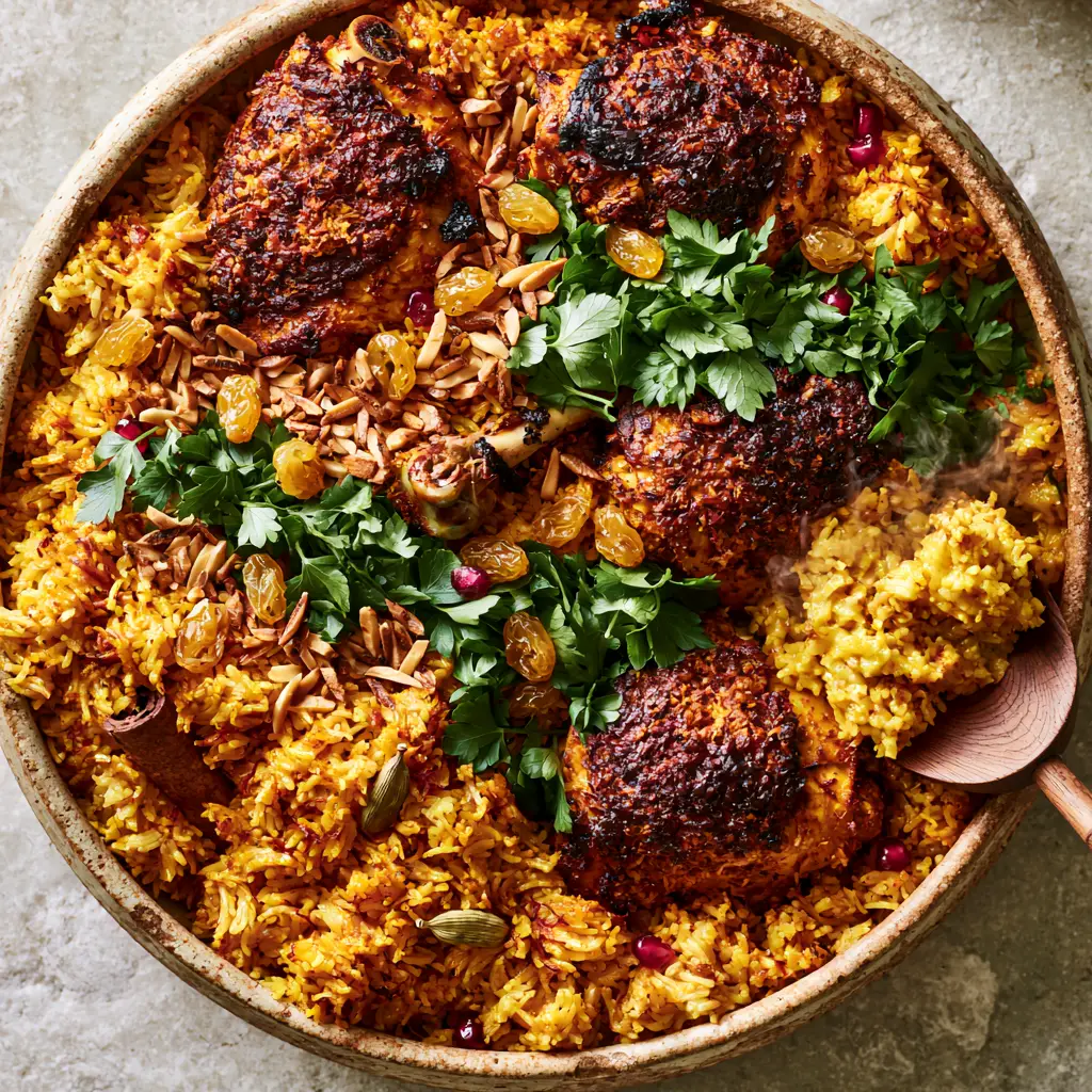 Seared chicken thighs with spice-rubbed skin and char marks sitting on a bed of spiced rice.