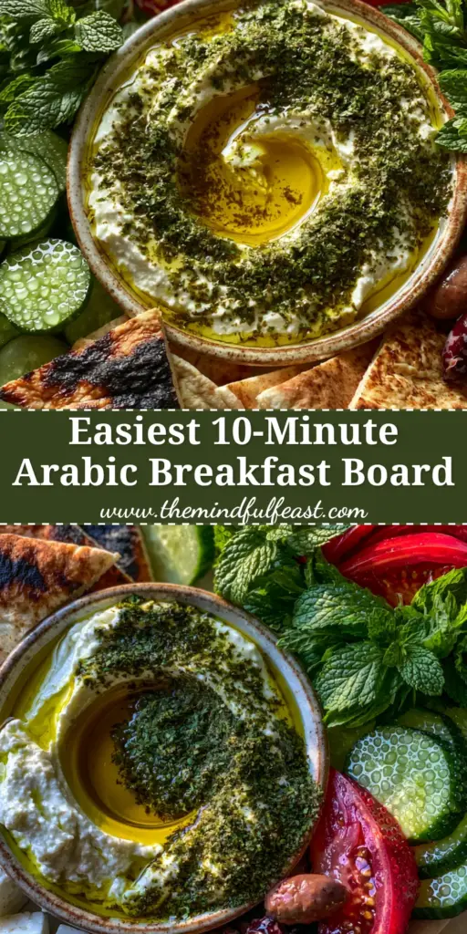 Arabic breakfast: An Authentic Labneh and Mezze Board 4 A top-down view of a vibrant Arabic breakfast board featuring a bowl of labneh with zaatar, charred pita, and fresh heirloom tomatoes on a marble counter.