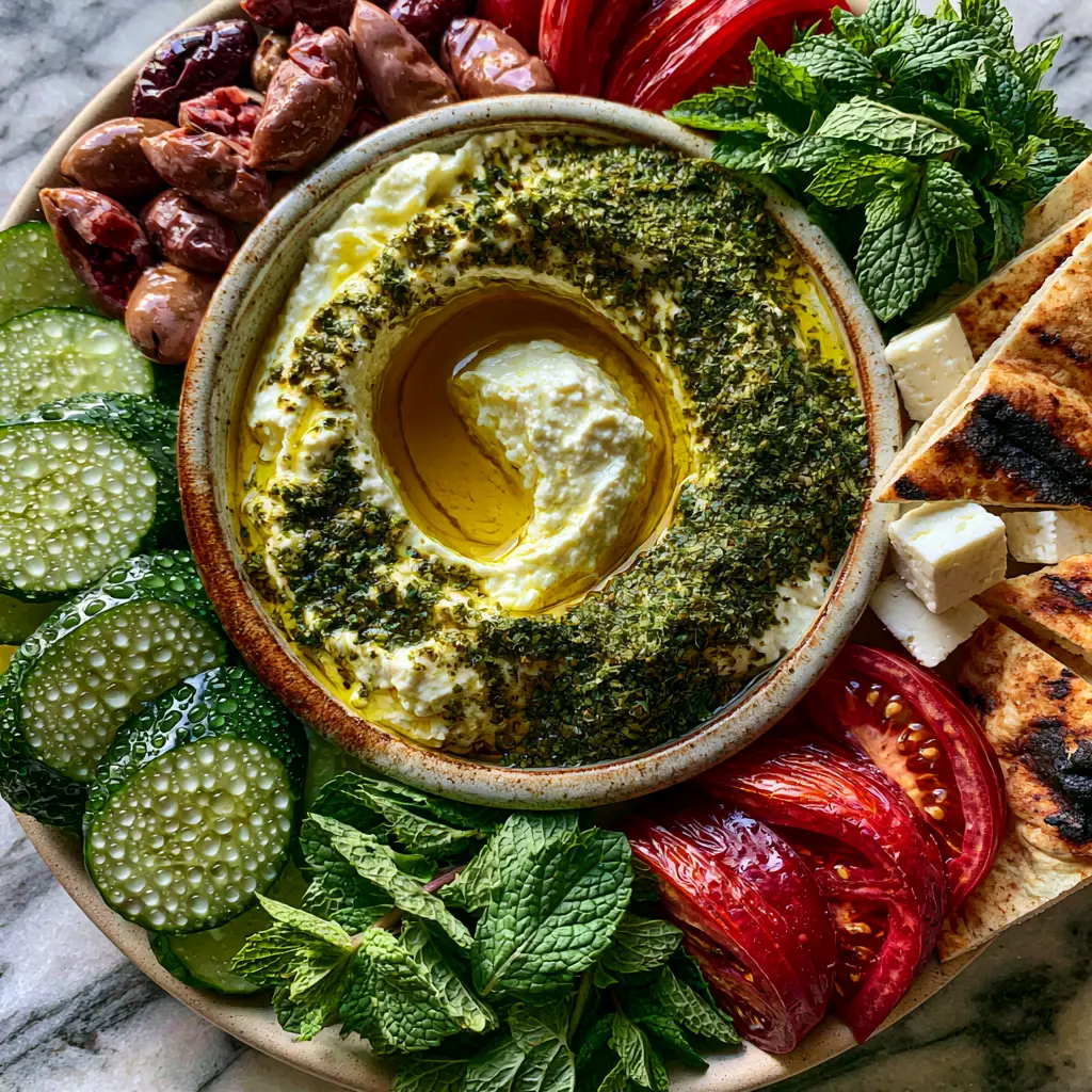 Arabic breakfast: An Authentic Labneh and Mezze Board 2 Smartphone photo of a velvety bowl of labneh with a well of olive oil and zaatar surrounded by cucumbers and olives. (Arabic breakfast)