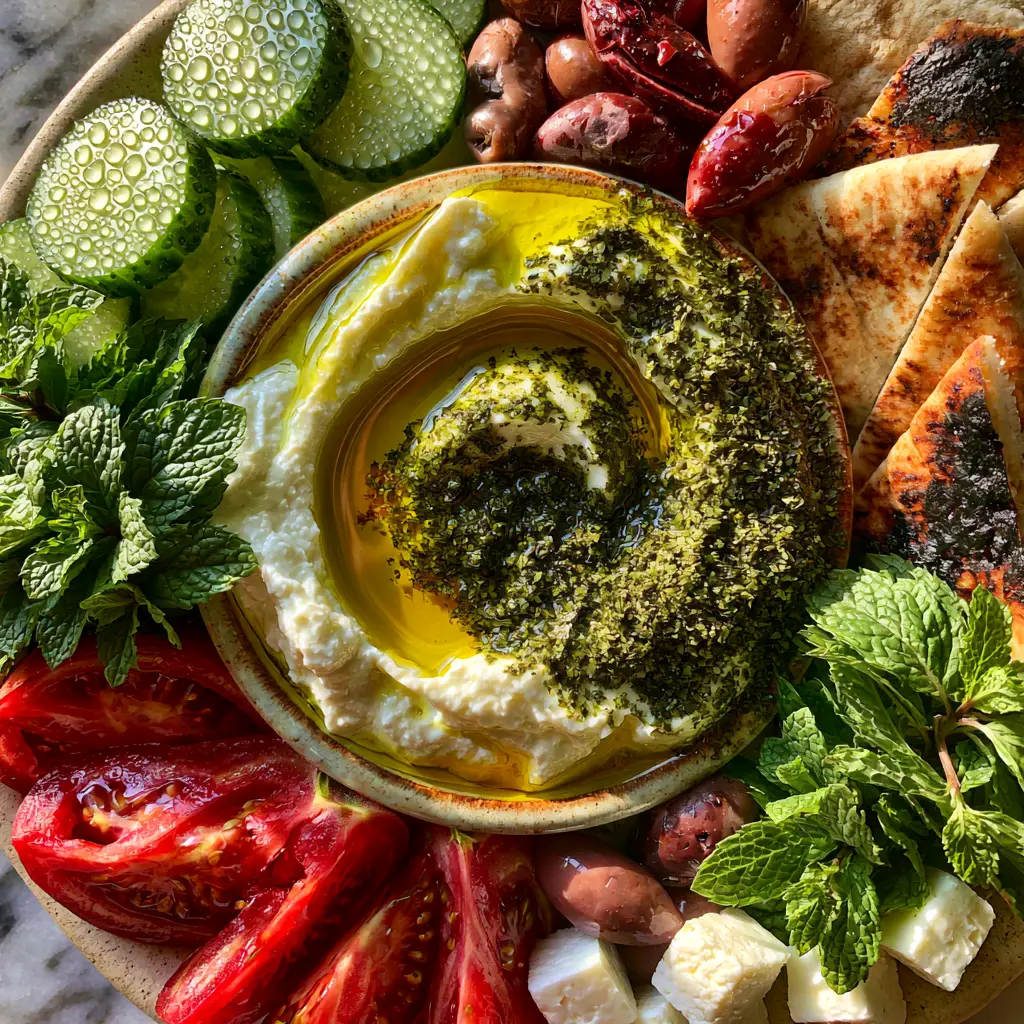 Arabic breakfast: An Authentic Labneh and Mezze Board 1 Close up of ruby red heirloom tomatoes and charred pita bread triangles on a marble surface.