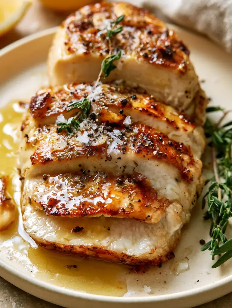 Chicken Breast Recipe: The Ultimate Garlic Butter Oven-Baked Masterpiece 2 Macro shot of steaming chicken breast medallions with charred garlic and fresh thyme. (Chicken Breast Recipe)