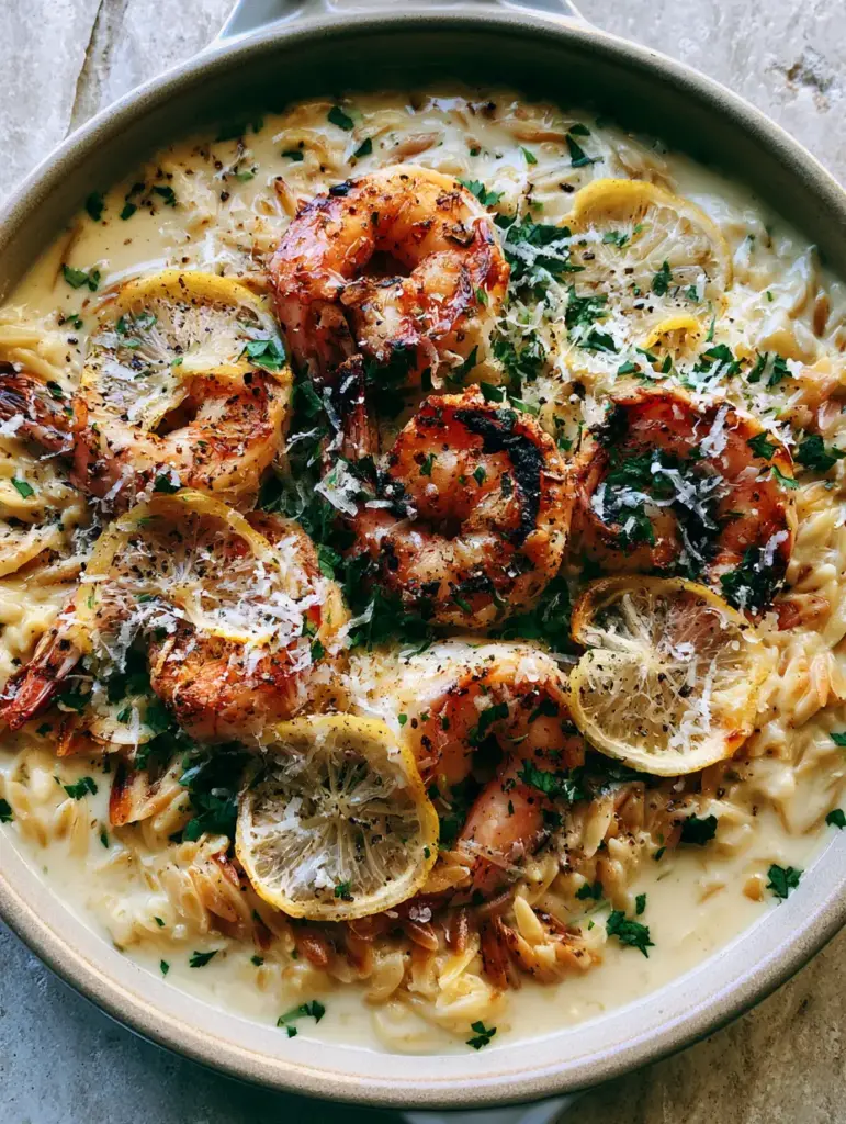 Shrimp Orzo with a Velvety Lemon Garlic Cream Sauce 2 Macro shot of toasted golden orzo suspended in ivory Parmesan cream sauce with charred shrimp. (shrimp orzo)