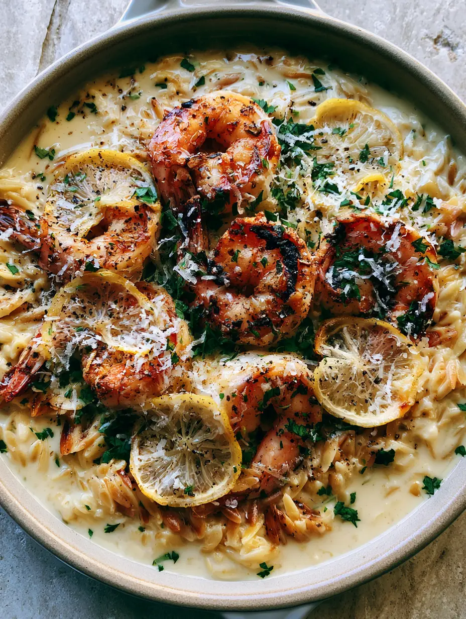 Shrimp Orzo with a Velvety Lemon Garlic Cream Sauce 3 Macro shot of toasted golden orzo suspended in ivory Parmesan cream sauce with charred shrimp. (shrimp orzo)