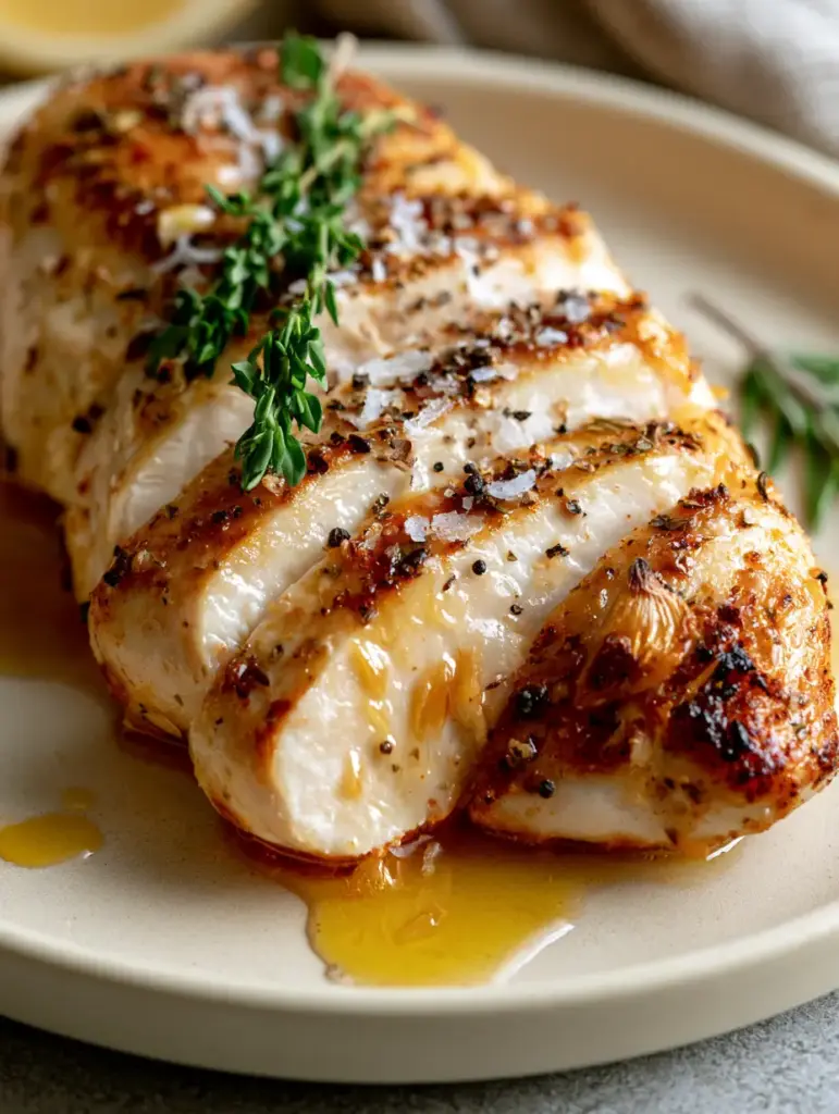 Chicken Breast Recipe: The Ultimate Garlic Butter Oven-Baked Masterpiece 1 Close-up of translucent garlic-butter pan sauce drizzled over herb-crusted chicken. (Chicken Breast Recipe)