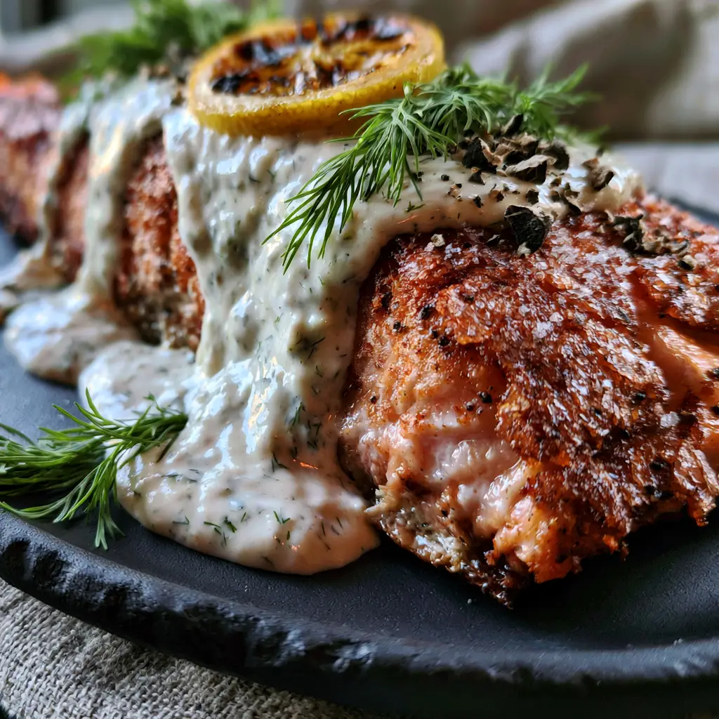 Seared Salmon with Lemon Dill Sauce: The Secret to Shattered-Glass Crispy Skin 2 Extreme macro close-up of shattered-glass crispy salmon skin with coarse sea salt and cracked pepper. (seared salmon with lemon dill sauce)