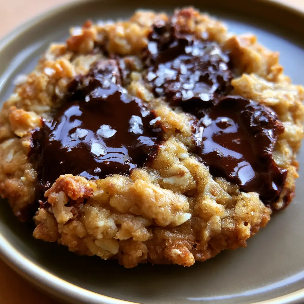 Oatmeal Chocolate Chip Cookies: The Ultimate Thick and Chewy Recipe 2 Close-up of a single soft-baked oatmeal chocolate chip cookie showing visible rolled oats and chocolate pools. (Oatmeal Chocolate Chip Cookies)