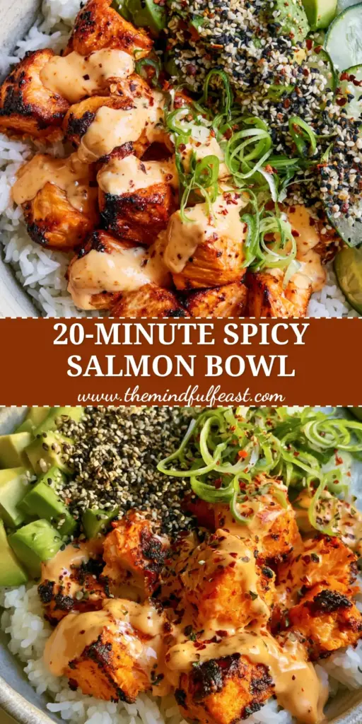 A gourmet spicy salmon bowl with charred air-fried salmon bites, fluffy jasmine rice, and creamy sriracha aioli. (Spicy salmon bowls)